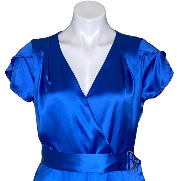 Tahari ASL NWT Blue Satin Midi Dress, Flutter Sleeves Belted Women's Size 8 - Picture 4 of 13